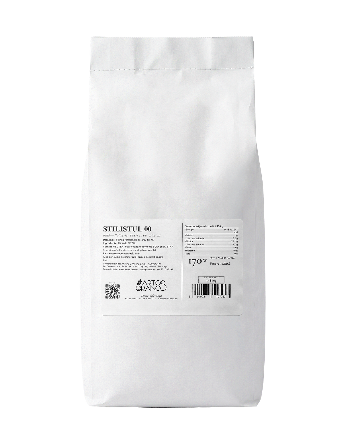 Stilistul 00 — făină Tip 00 W170, sac 5 kg, vedere din față