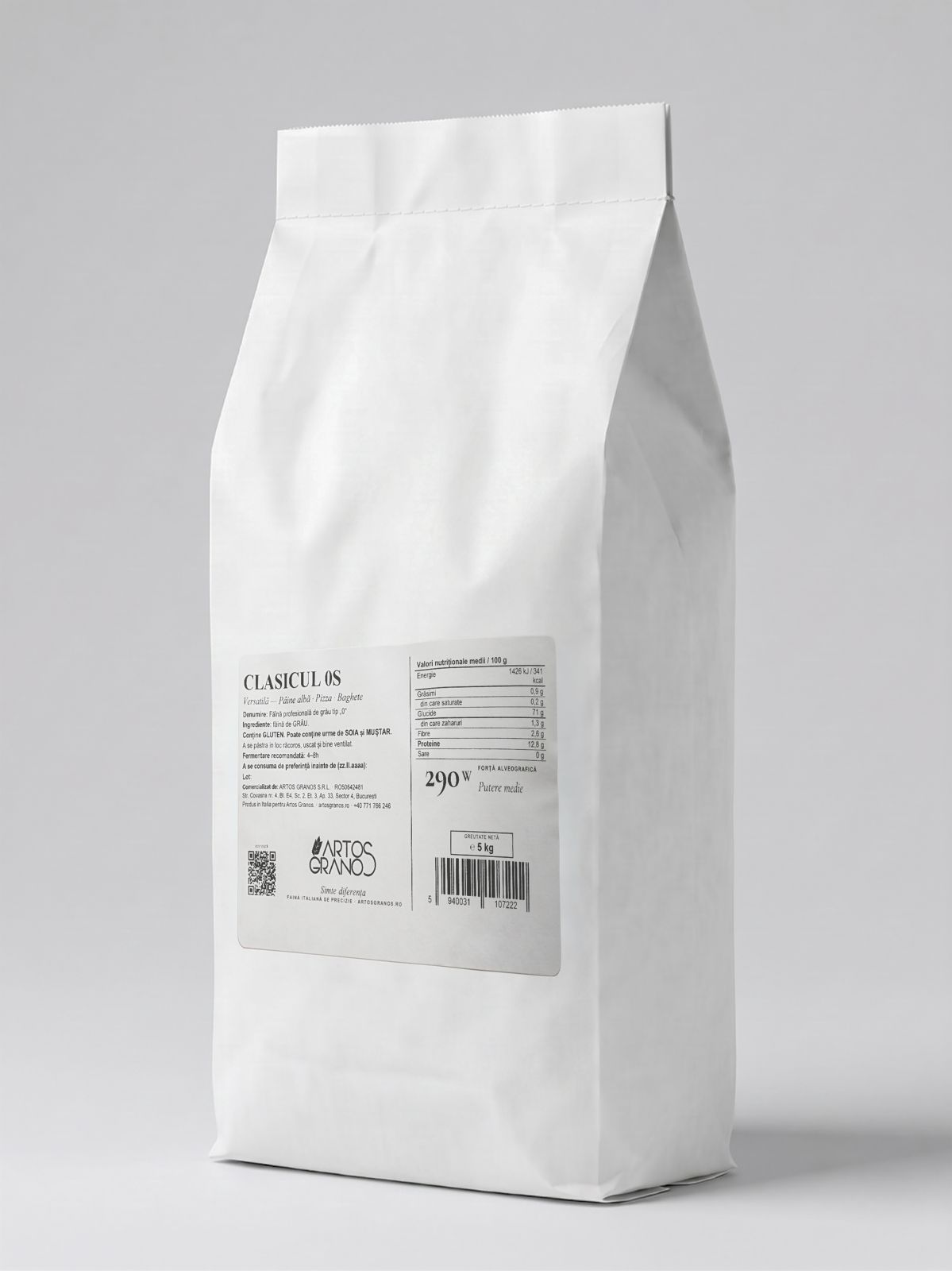 Clasicul 0S — sac 5 kg făină profesională, vedere din unghi