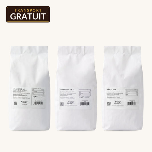 Pachetul Brutarului Artos Granos: saci Clasicul 0S W290, Statornicul 1 și Rădăcina 2, 3 × 5 kg, transport gratuit