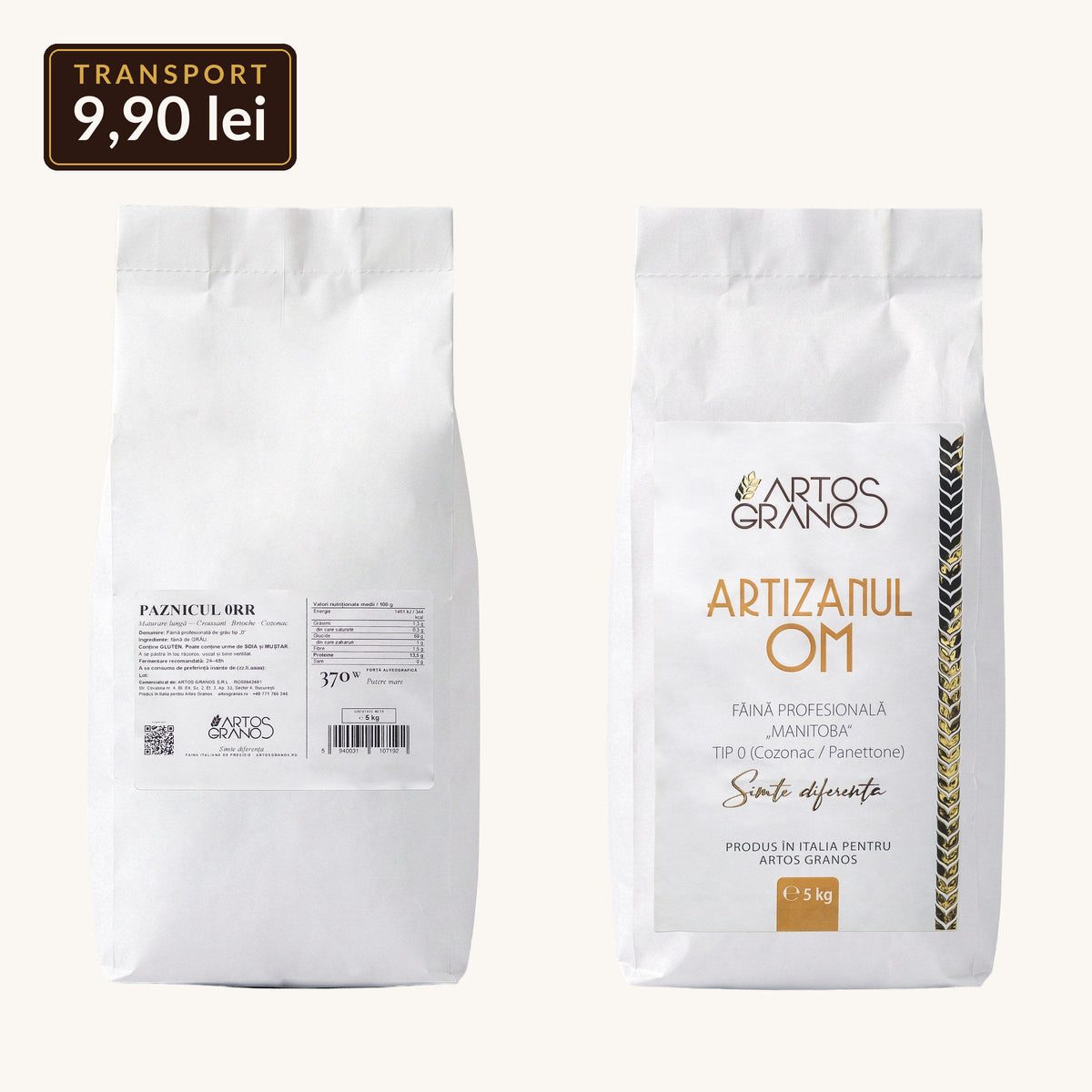Kit Cozonac Artos Granos: sac Artizanul 0M Manitoba W400 și sac Paznicul 0RR W370, 2 × 5 kg, transport 9,90 lei
