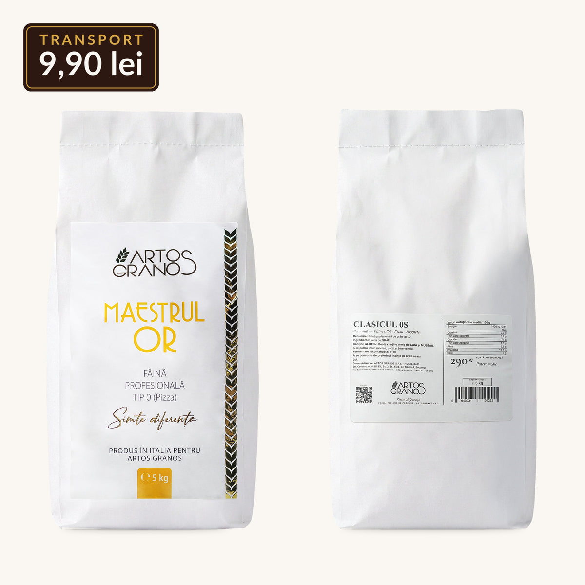 Pachetul Pizzaiolo Artos Granos: sac Maestrul 0R W330 și sac Clasicul 0S W290, 2 × 5 kg, transport 9,90 lei