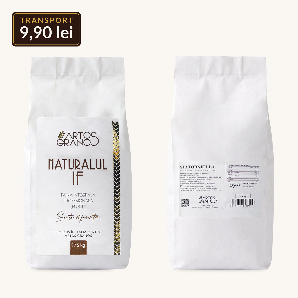 Pachetul Integral Artos Granos: sac Naturalul IF integrală W340 și sac Statornicul 1 semi-integrală, 2 × 5 kg, transport 9,90 lei